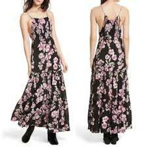 Free People NWT Garden Party Onyx Black Purple Floral Smocked Maxi Dress Small